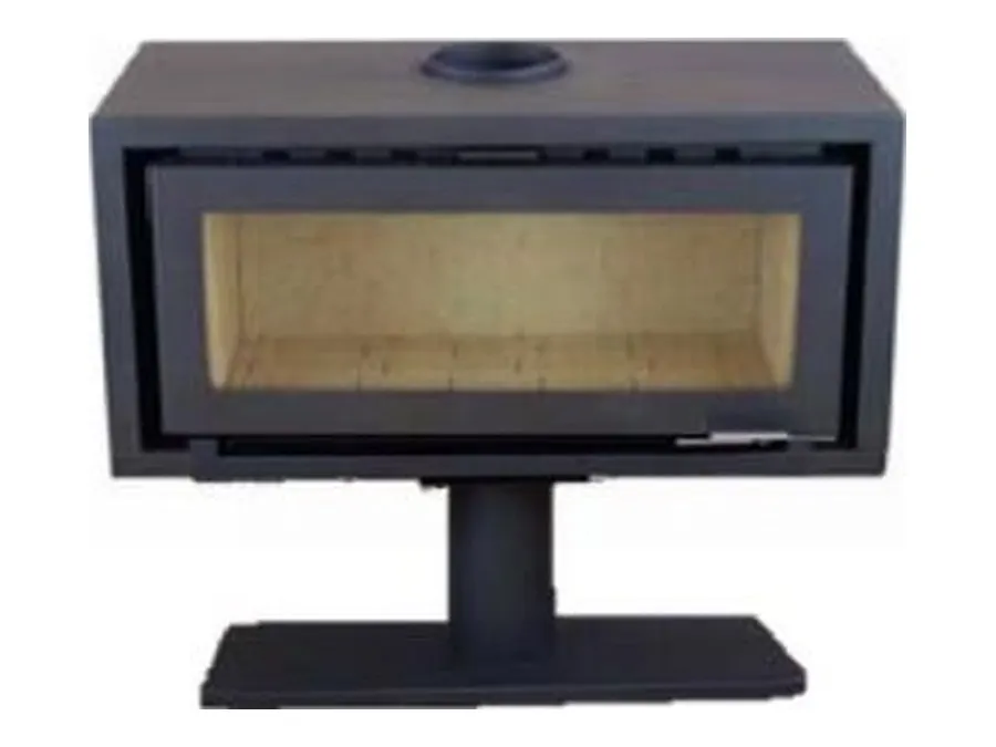 Modern closed-system fireplace mounted on a steel pedestal